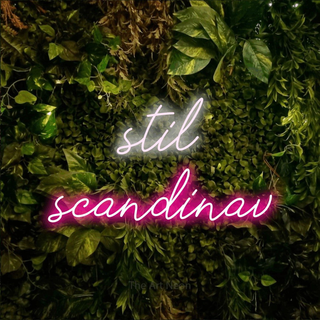 LED neon sign reading “stil scandinav”, arranged in two lines.