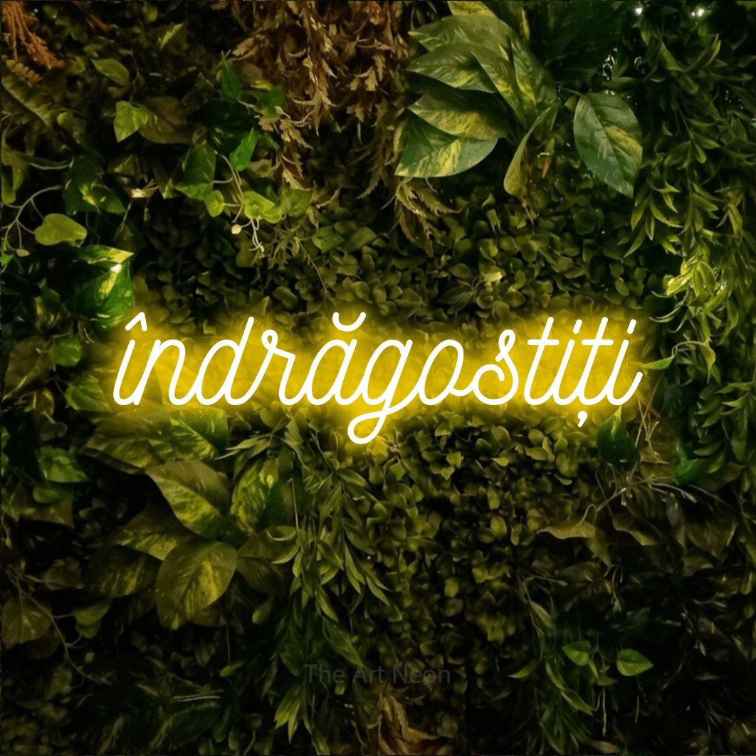 LED neon sign reading “îndrăgostiți”, arranged in a single line.