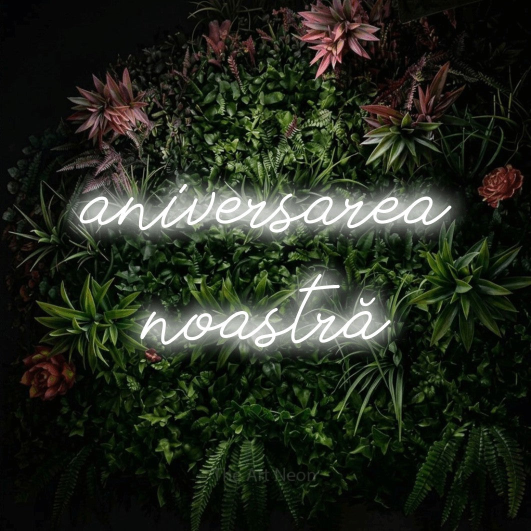 LED neon sign reading “aniversarea noastră”, arranged in two lines.