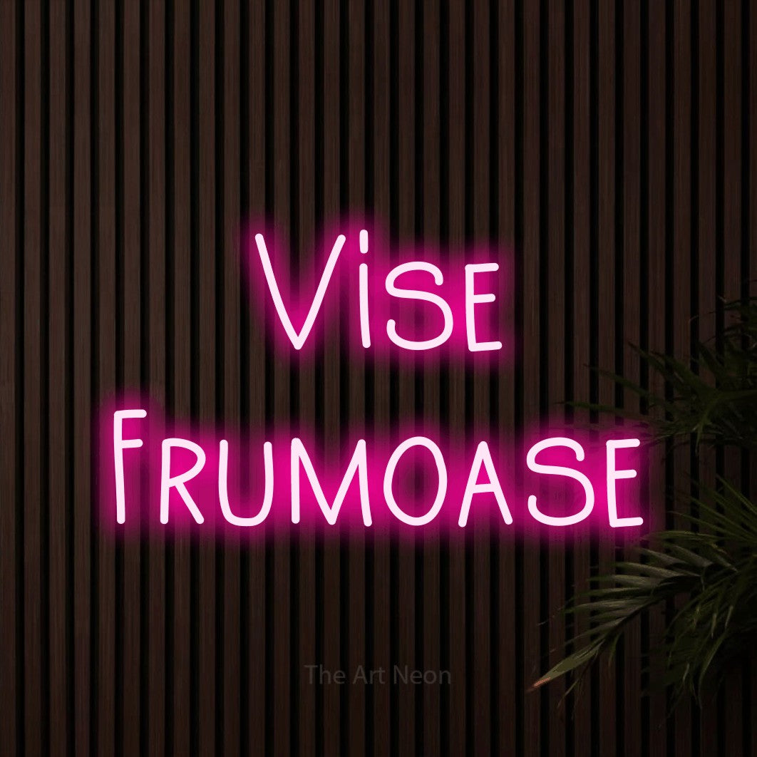LED neon sign reading “Vise Frumoase”, arranged in two lines.
