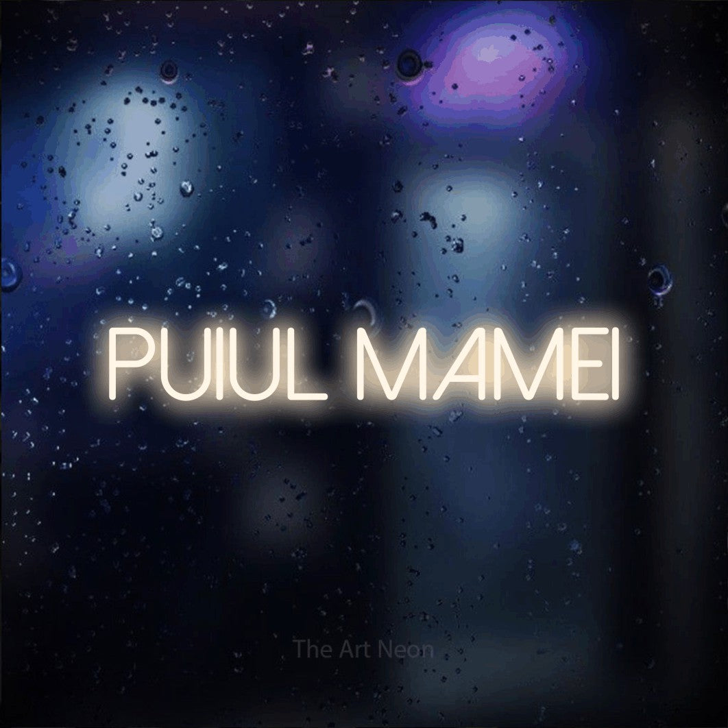 LED neon sign reading “Puiul mamei”, arranged in a single line.