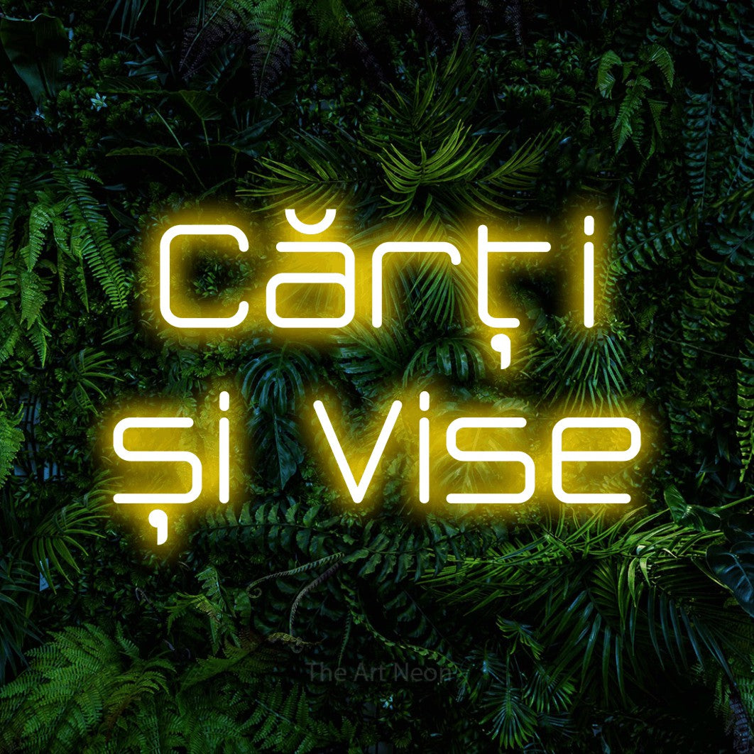 LED neon sign reading “Cărți și Vise”, arranged in two lines.