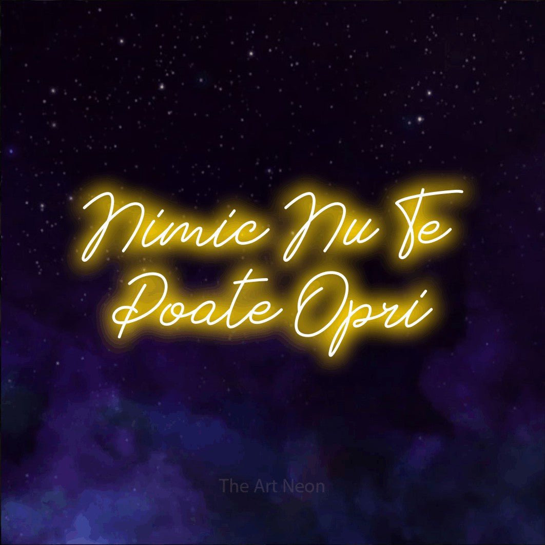 LED neon sign reading “Nimic Nu Te Poate Opri”, arranged in two lines.