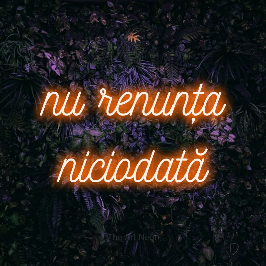 LED neon sign reading “nu renunța niciodată”, arranged in two lines.