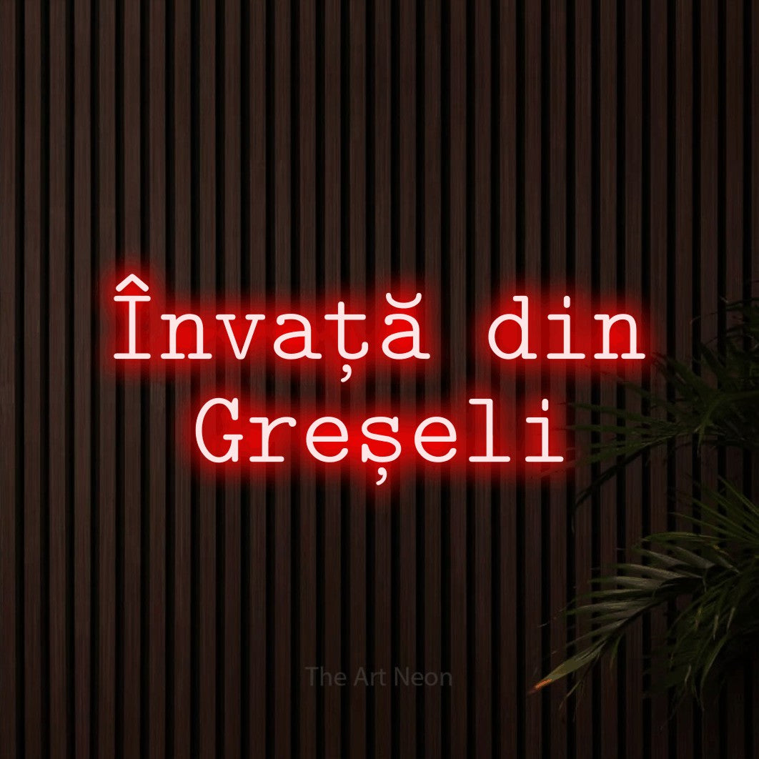 LED neon sign reading “Învață din Greșeli”, arranged in two lines.