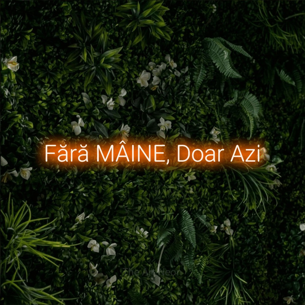 LED neon sign reading “Fără MÂINE, Doar Azi”, arranged in a single line.