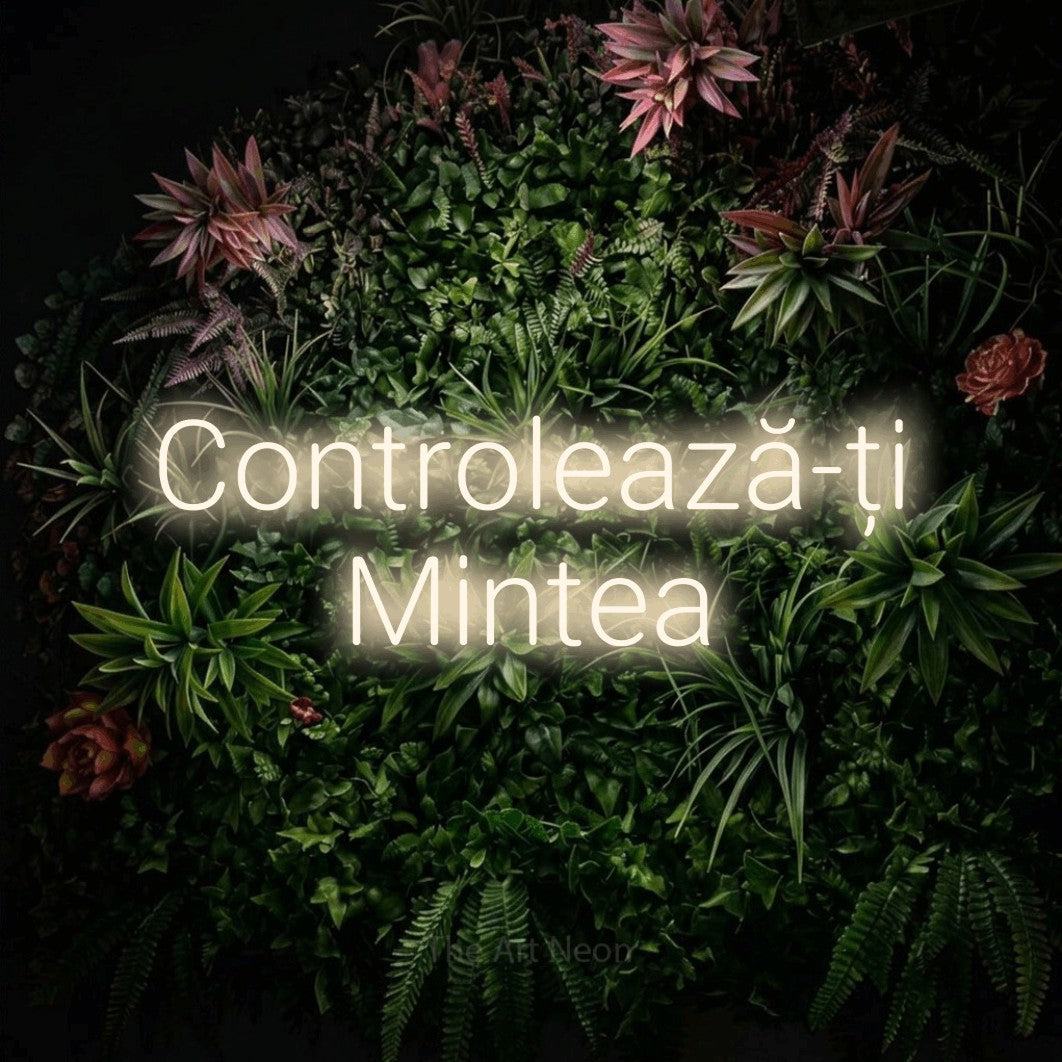 LED neon sign reading “Controlează-ți Mintea”, arranged in two lines.