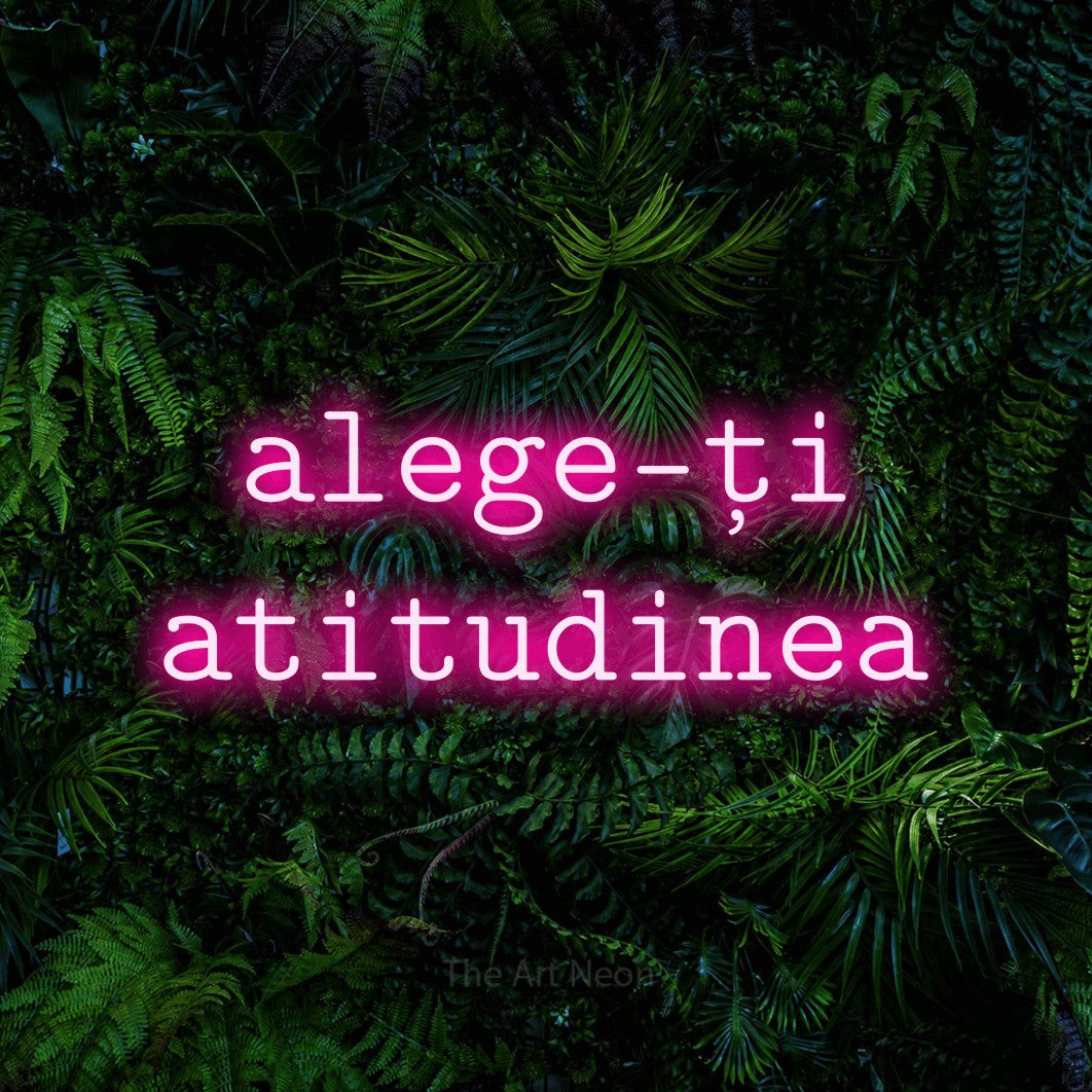 LED neon sign reading “alege-ți atitudinea”, arranged in two lines.