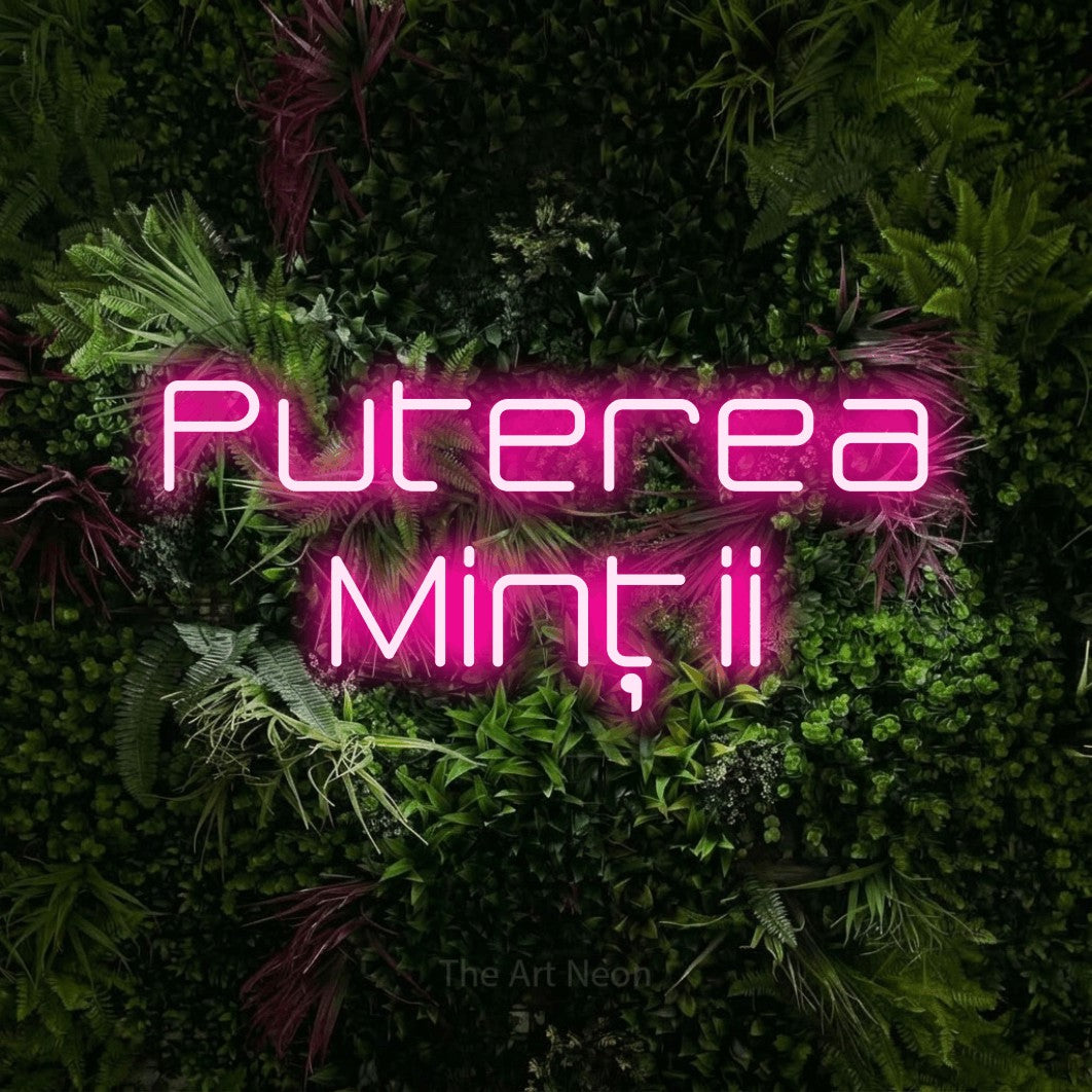 LED neon sign reading “Puterea Minții”, arranged in two lines.