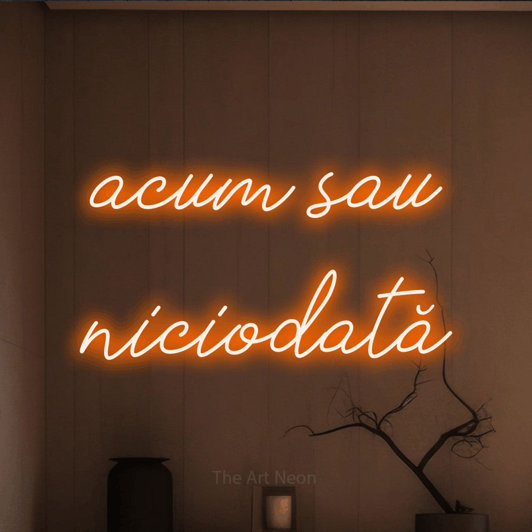 LED neon sign reading “acum sau niciodată”, arranged in two lines.
