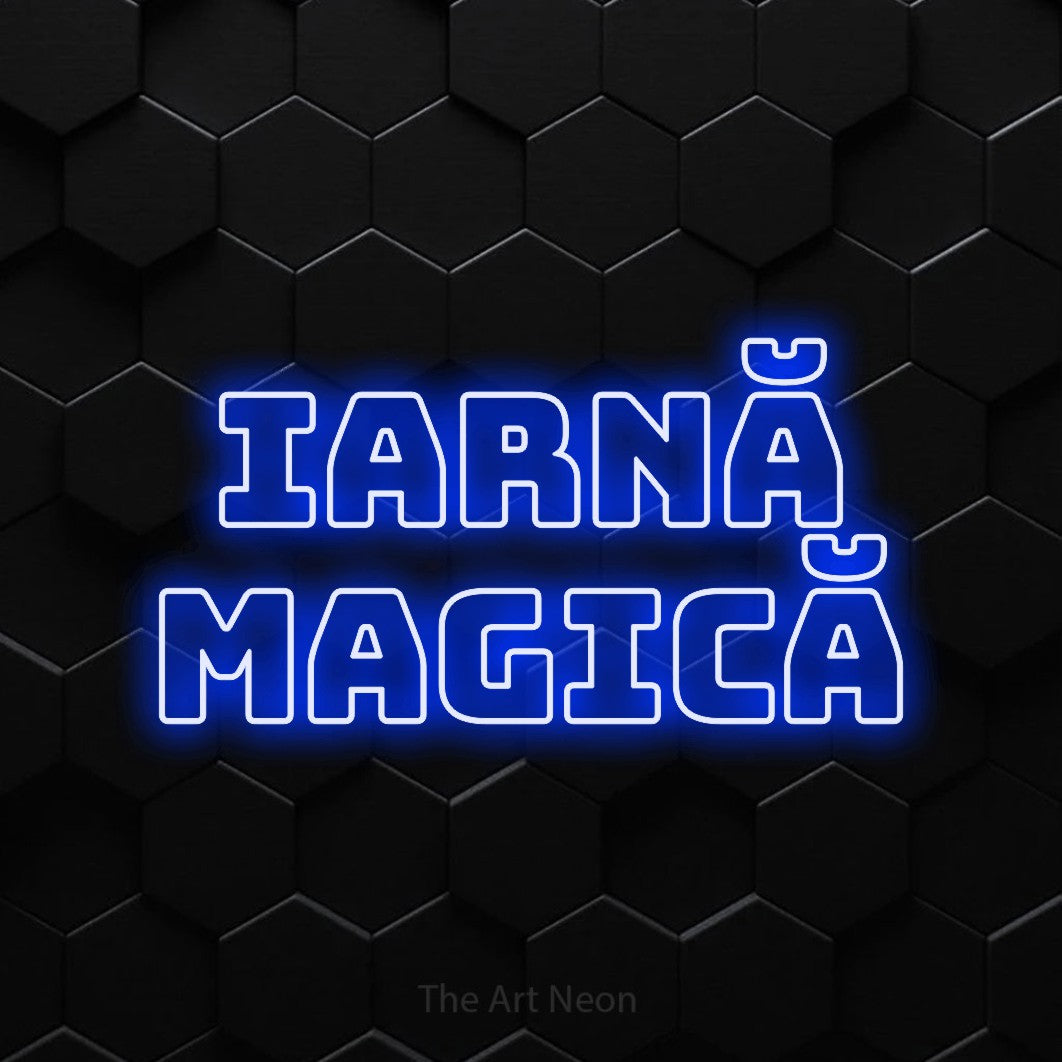 LED neon sign reading “IARNĂ MAGICĂ”, arranged in two lines.