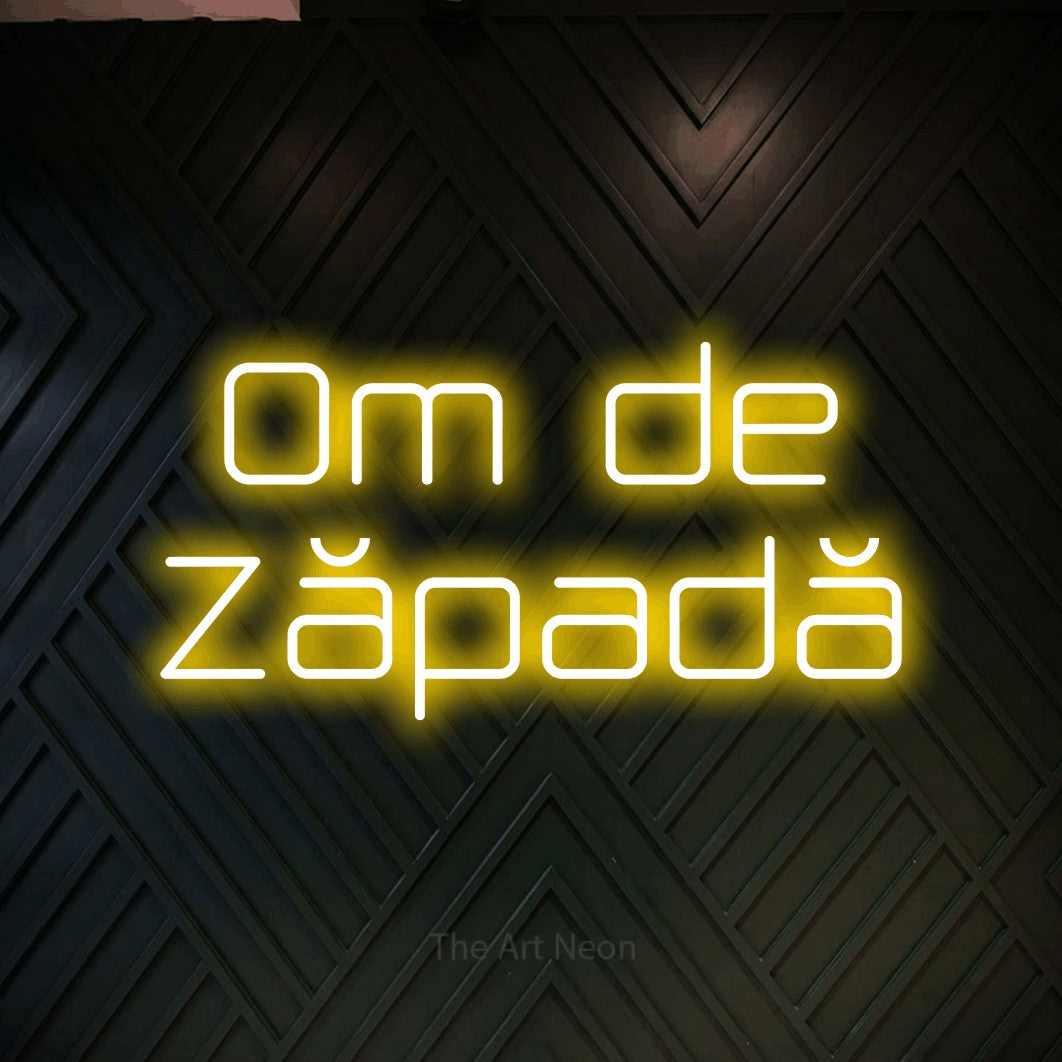LED neon sign reading “Om de Zăpadă”, arranged in two lines.