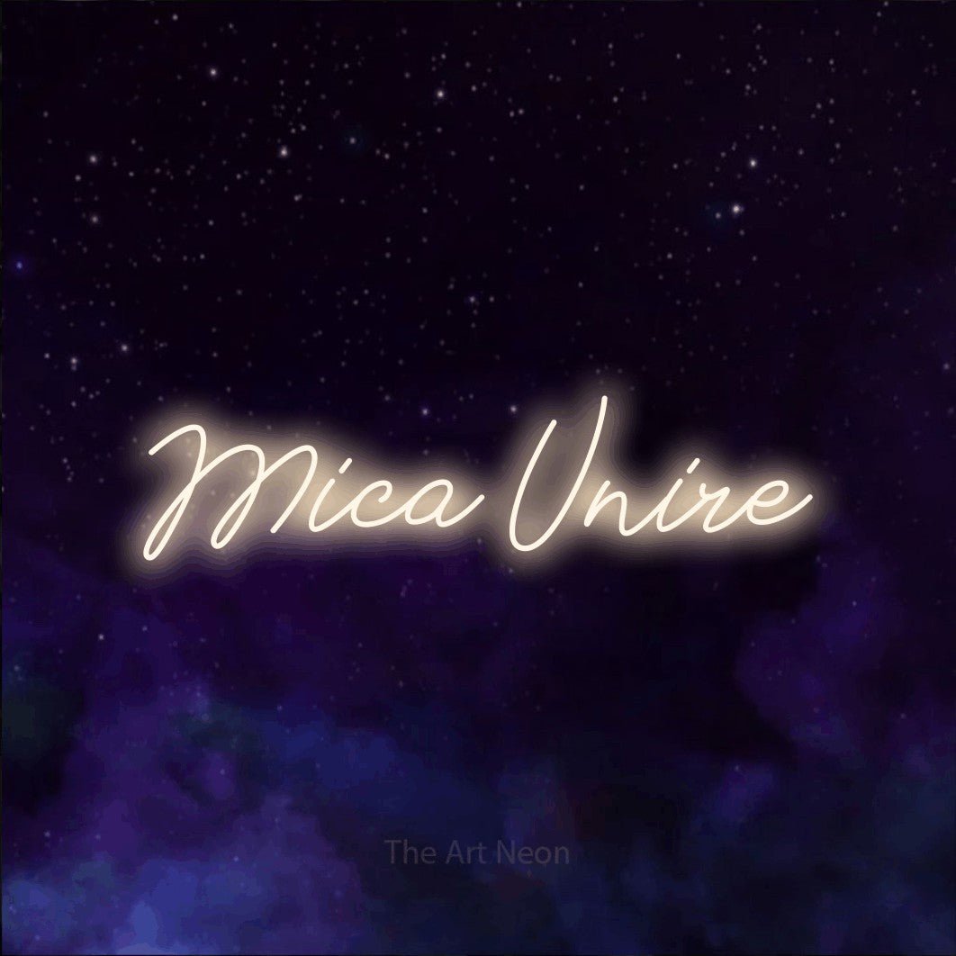 LED neon sign reading “Mica Unire”, arranged in a single line.