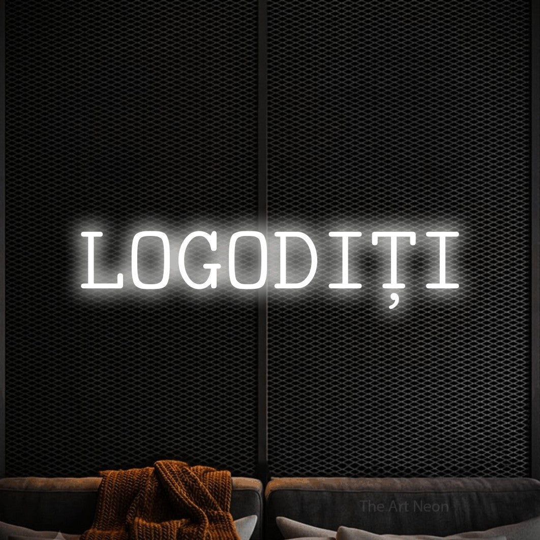 LED neon sign reading “LOGODIȚI”, arranged in a single line.