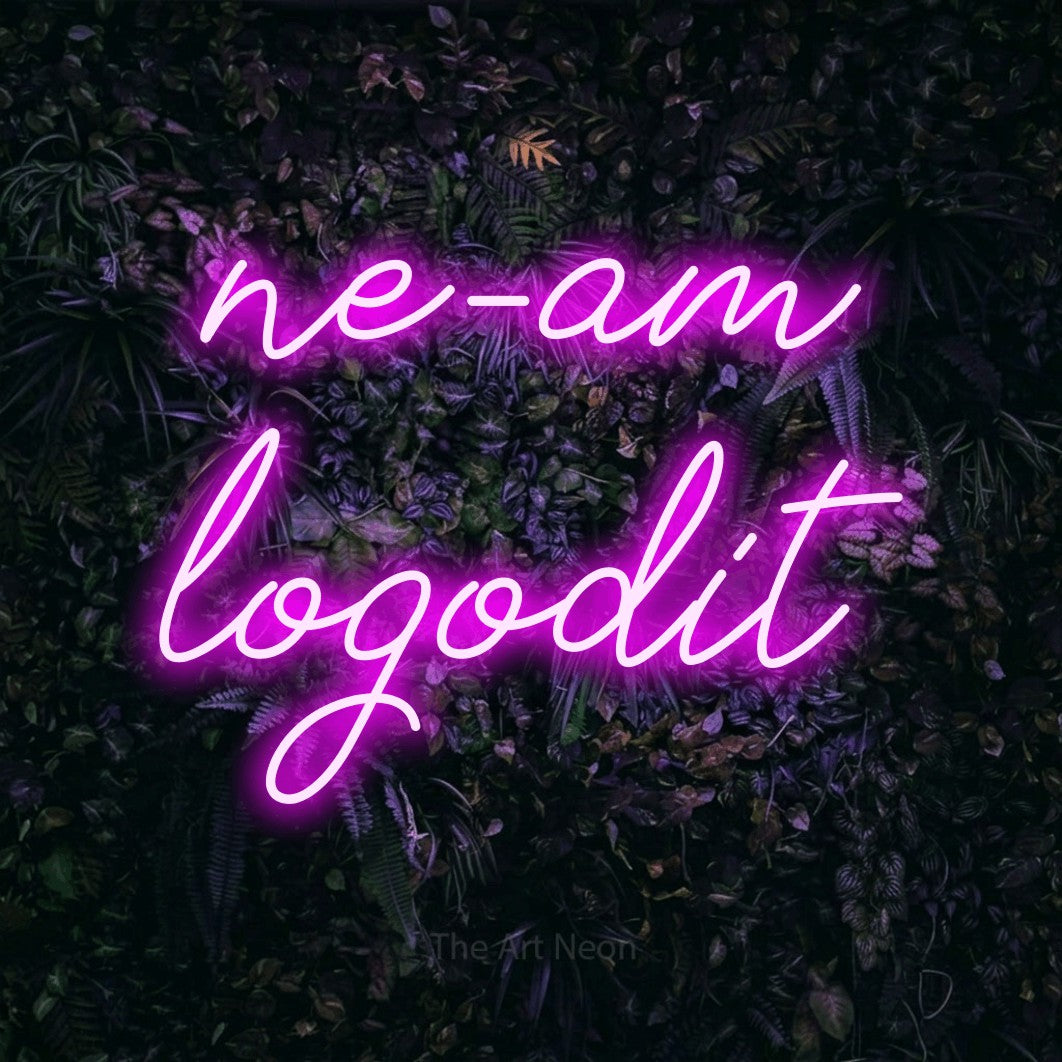 LED neon sign reading “ne-am logodit”, arranged in two lines.