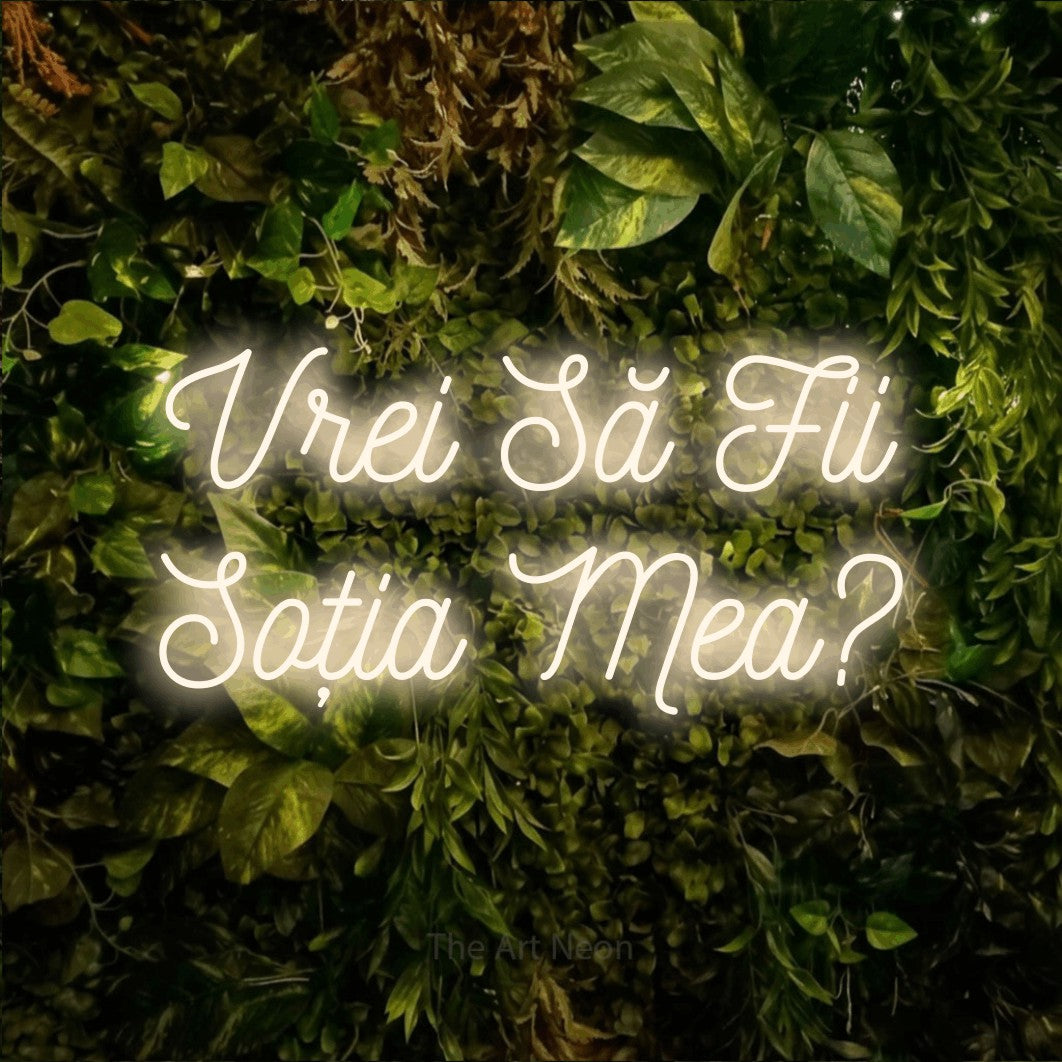 LED neon sign reading “Vrei Să Fii Soția Mea?”, arranged in two lines.