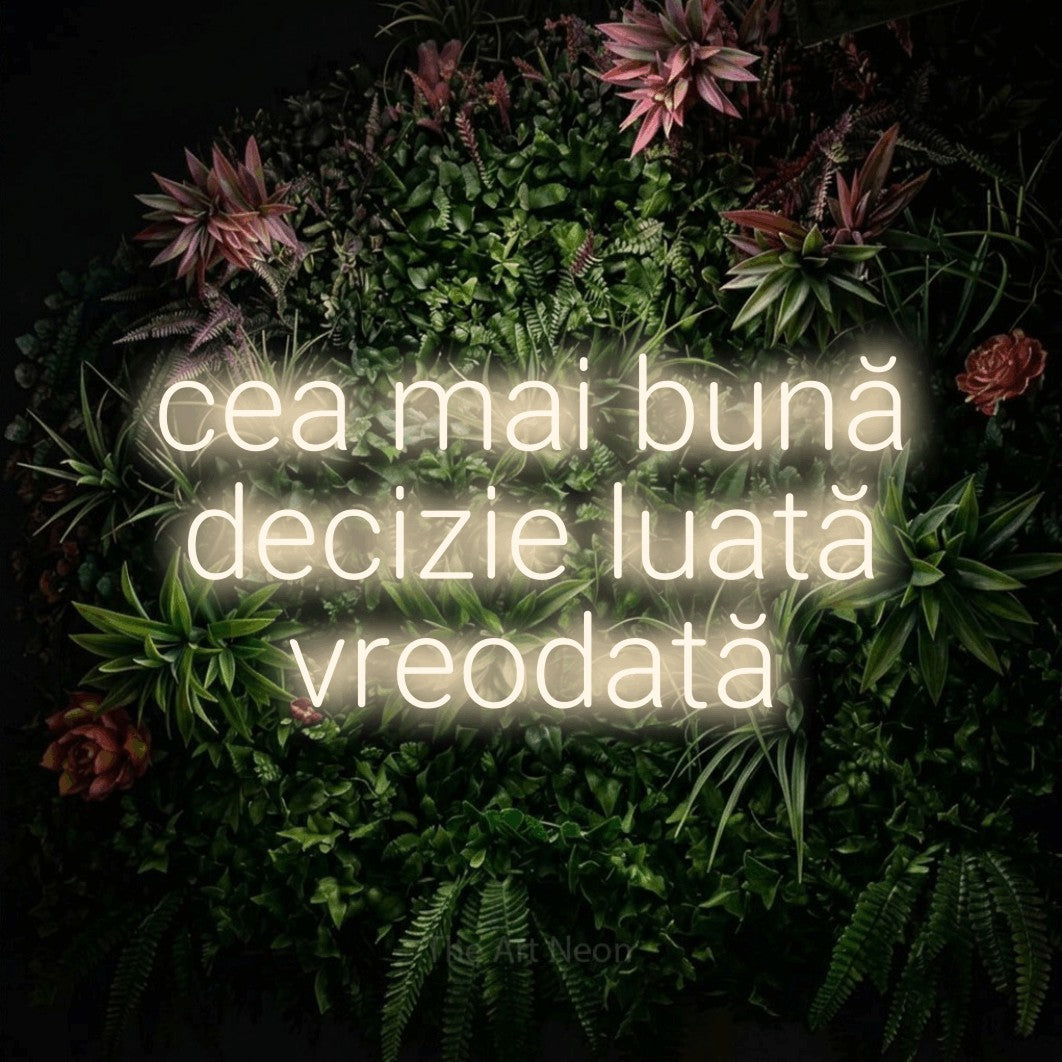 LED neon sign reading “cea mai bună decizie luată vreodată”, arranged in three lines.