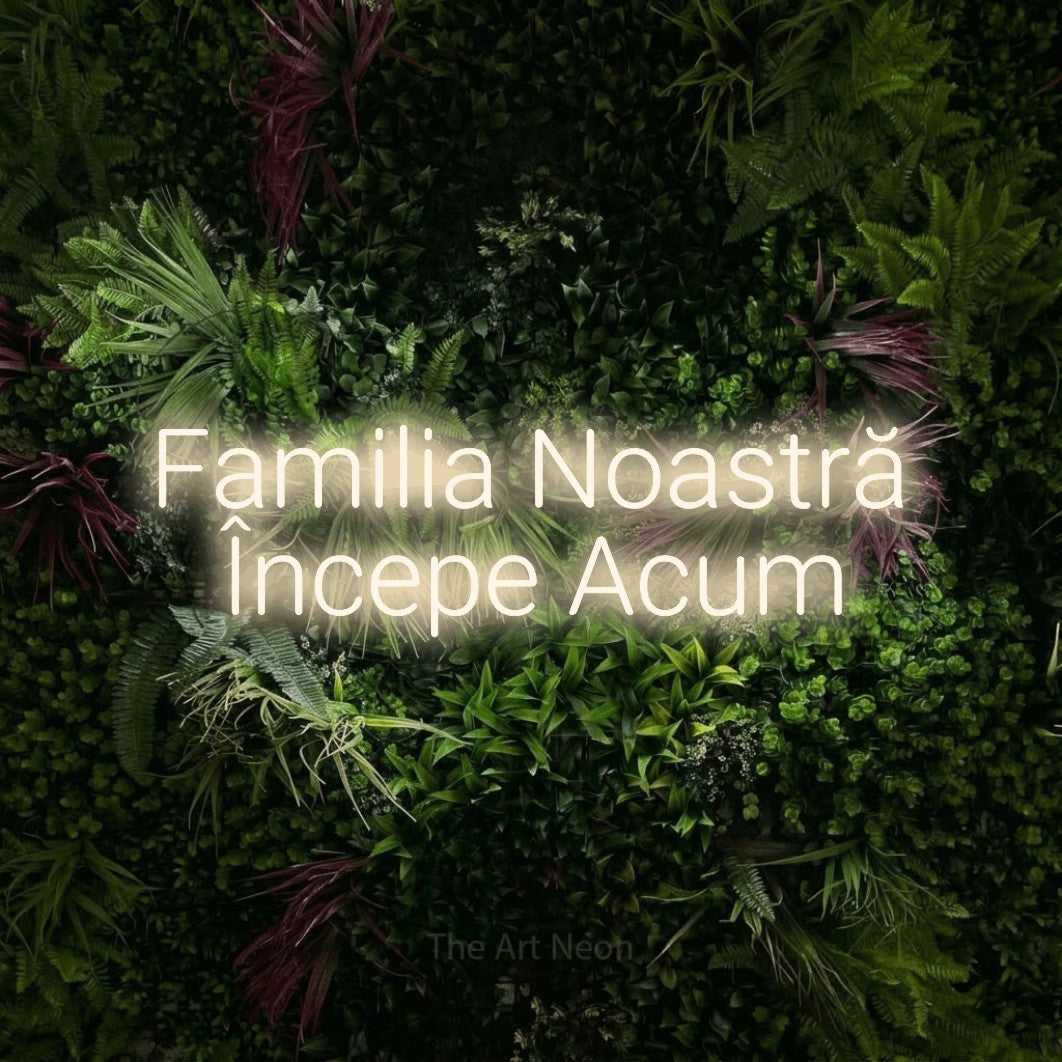 LED neon sign reading “Familia Noastră Începe Acum”, arranged in two lines.