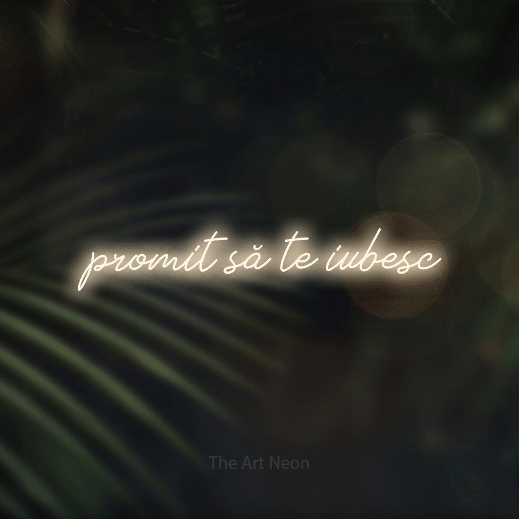 LED neon sign reading “promit să te iubesc”, arranged in a single line.
