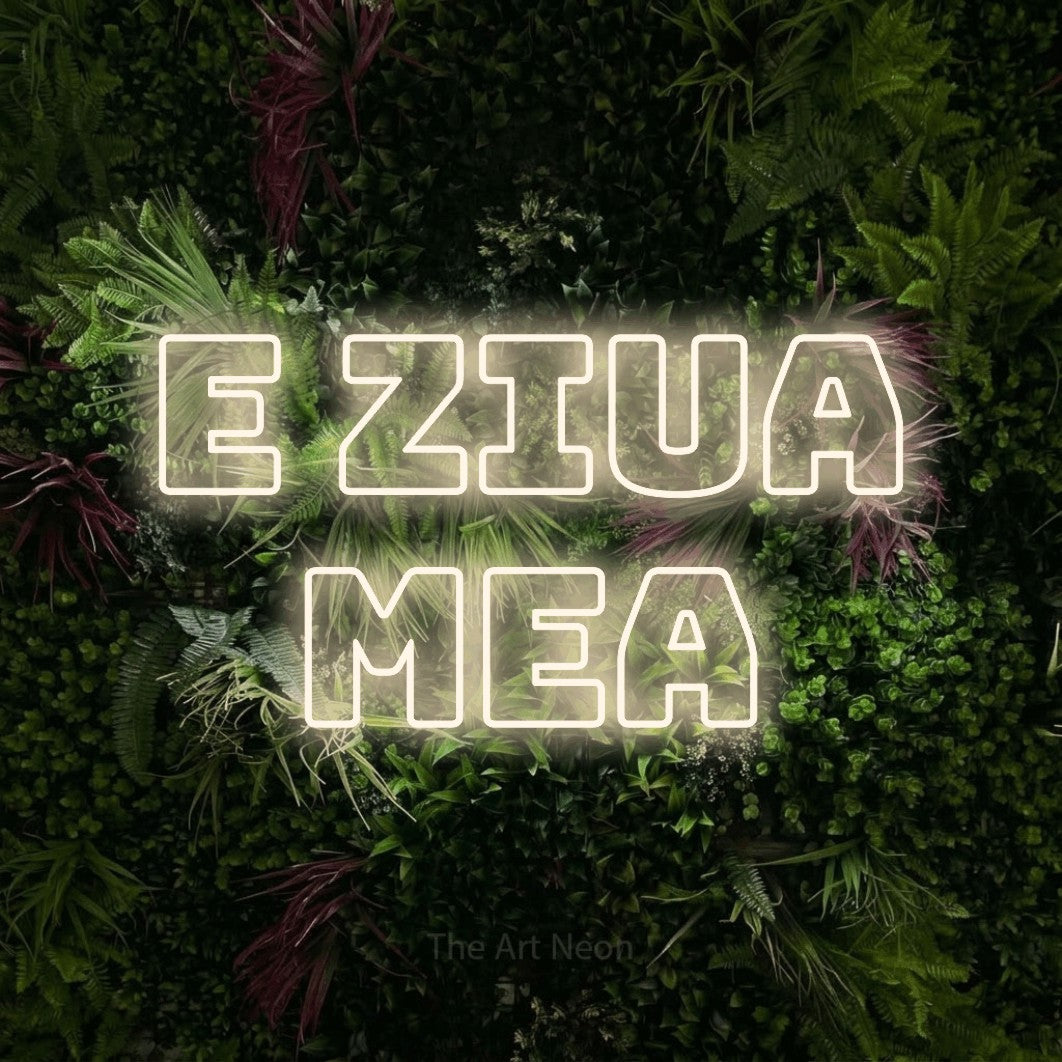 LED neon sign reading “E Ziua Mea”, arranged in two lines.