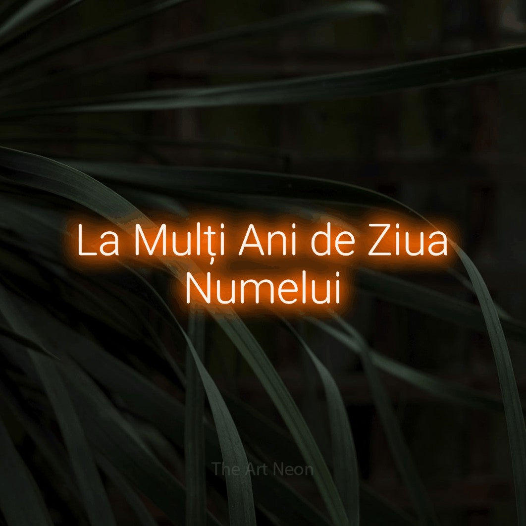 LED neon sign reading “La Mulți Ani de Ziua Numelui”, arranged in two lines.