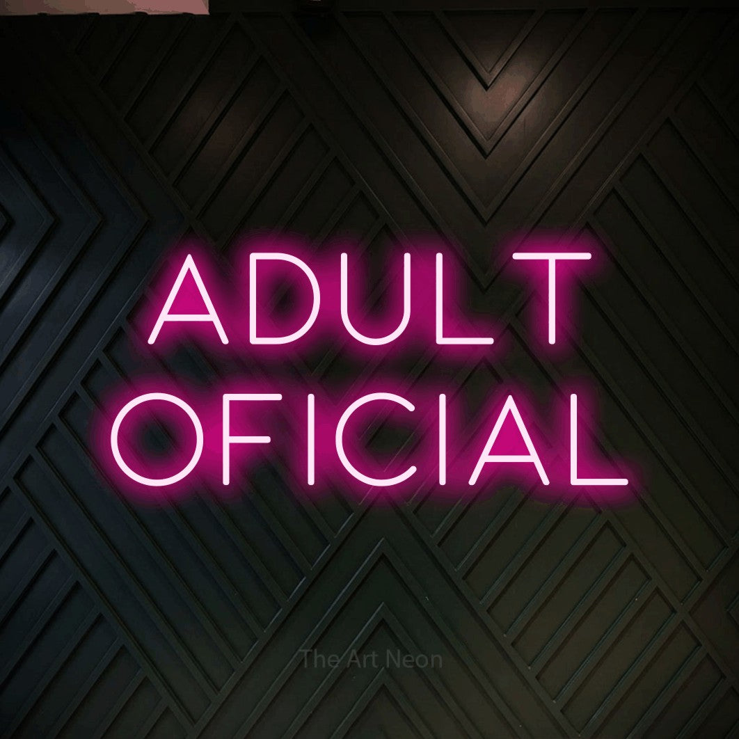 LED neon sign reading “adult oficial”, arranged in two lines.