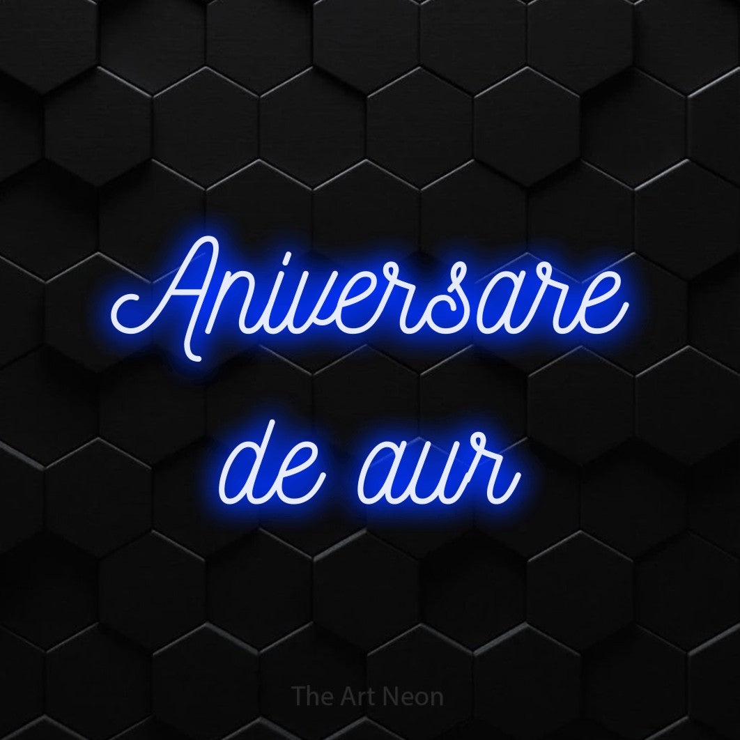 LED neon sign reading “Aniversare de aur”, arranged in two lines.