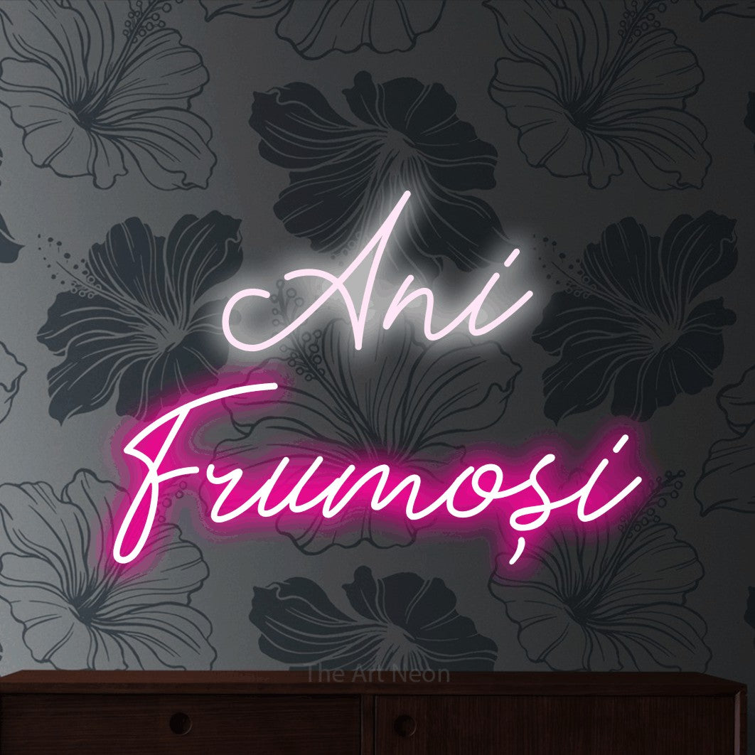 LED neon sign reading “Ani Frumoși”, arranged in two lines.