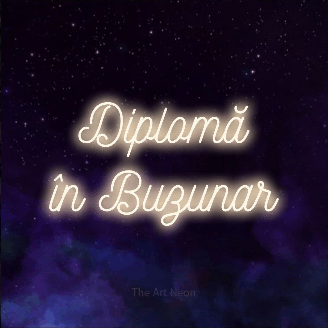 LED neon sign reading “Diplomă în Buzunar”, arranged in two lines.