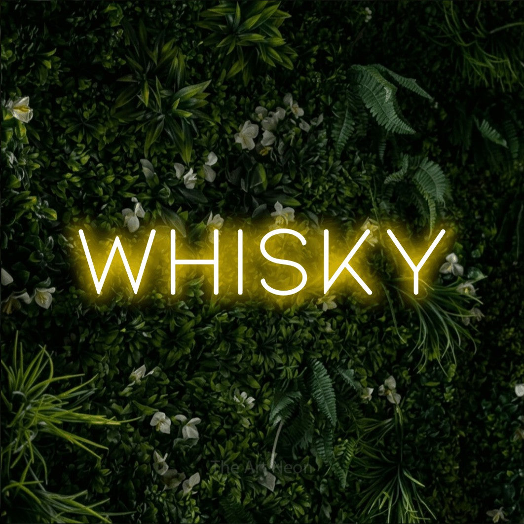 LED neon sign reading “Whisky”, arranged in a single line.