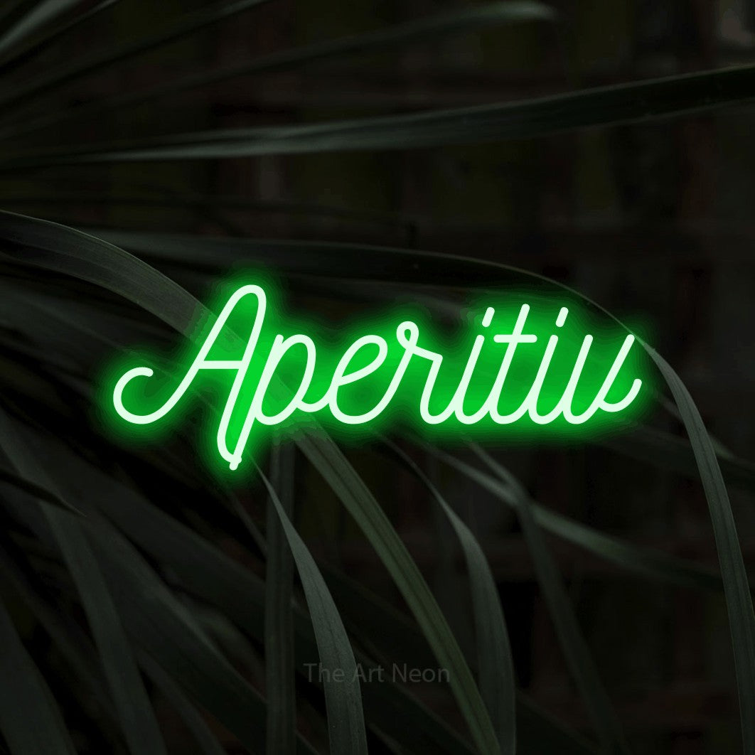 LED neon sign reading “Aperitiv”, arranged in a single line.