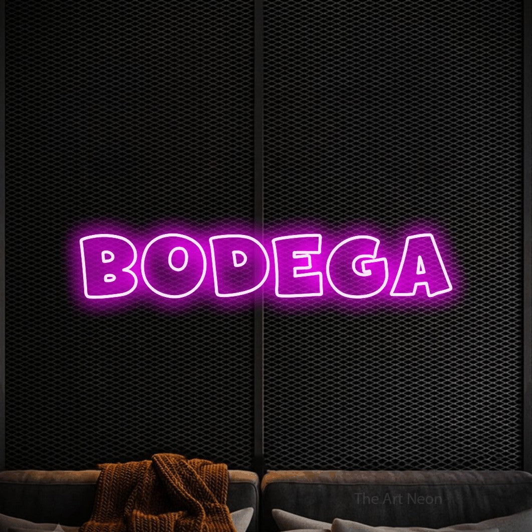 LED neon sign reading “bodega”, arranged in a single line.