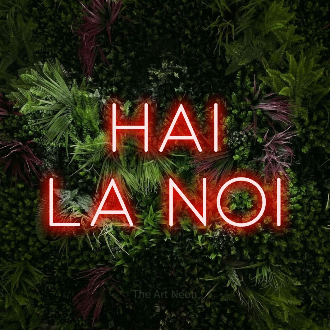 LED neon sign reading “Hai la Noi”, arranged in two lines.