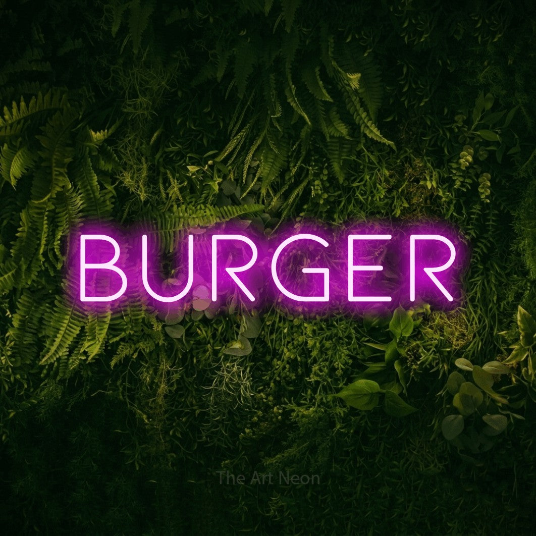 LED neon sign reading “BURGER”, arranged in a single line.