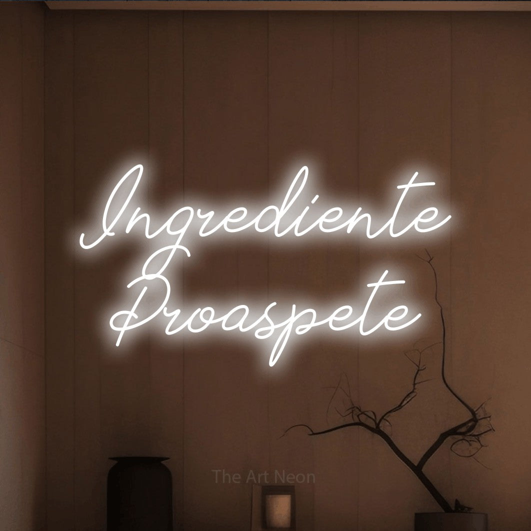 LED neon sign reading “Ingrediente Proaspete”, arranged in two lines.