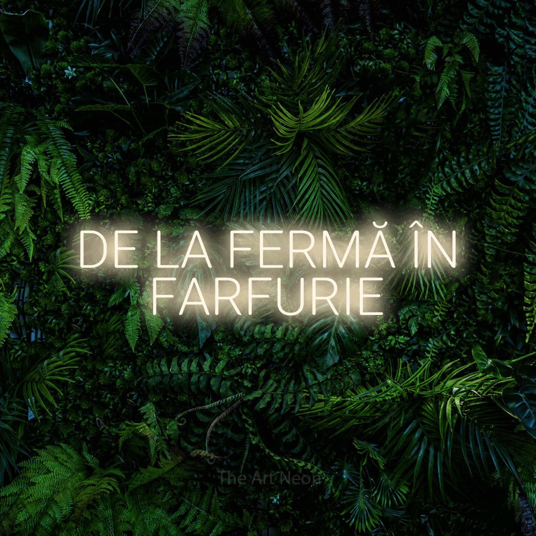 LED neon sign reading “DE LA FERMĂ ÎN FARFURIE”, arranged in two lines.