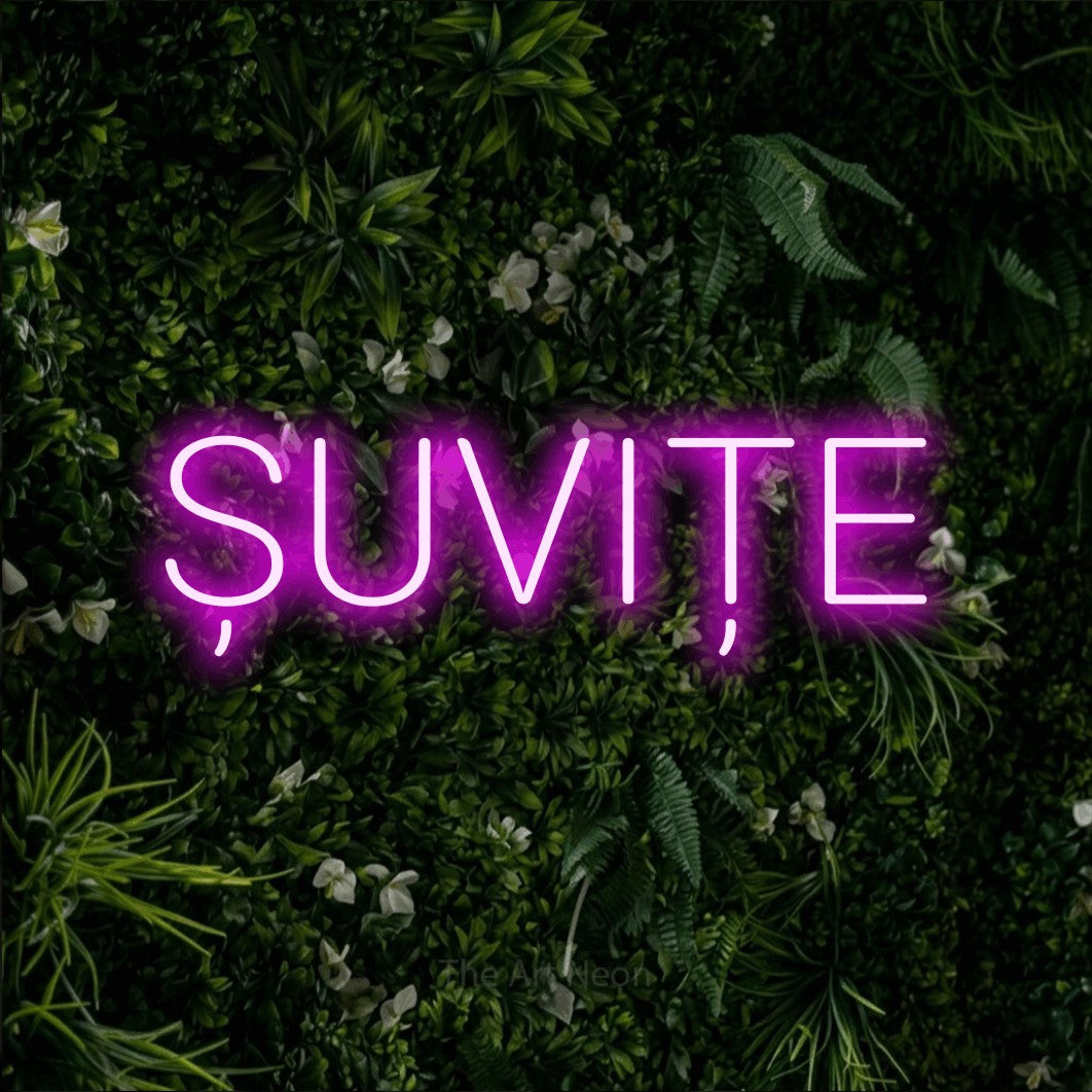 LED neon sign reading “ȘUVIȚE”, arranged in a single line.