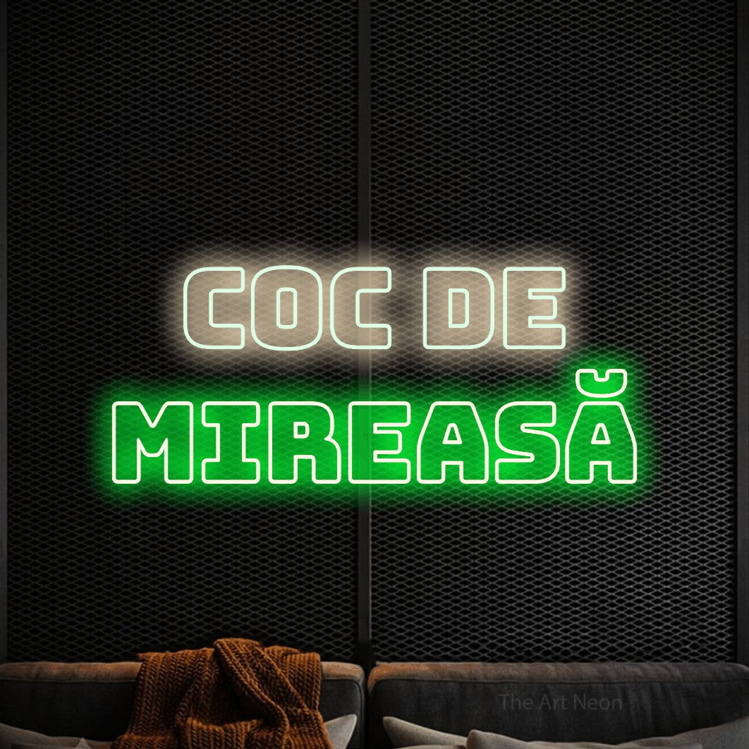 LED neon sign reading “Coc de Mireasă”, arranged in two lines.