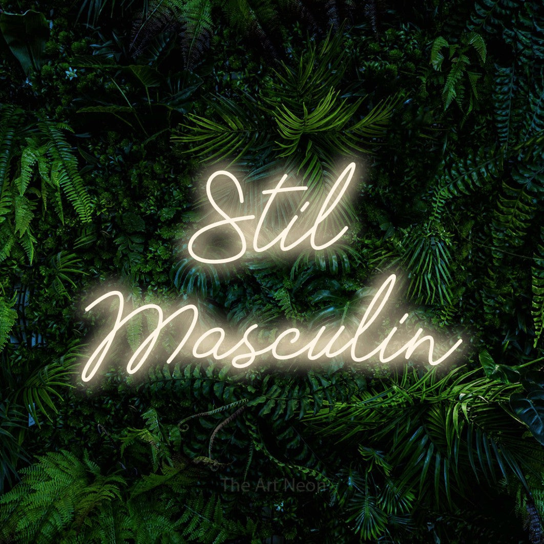 LED neon sign reading “Stil Masculin”, arranged in two lines.