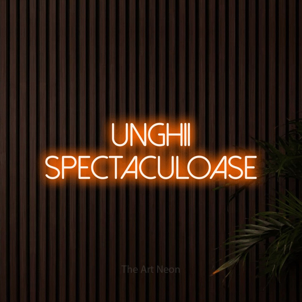 LED neon sign reading “unghii spectaculoase”, arranged in two lines.