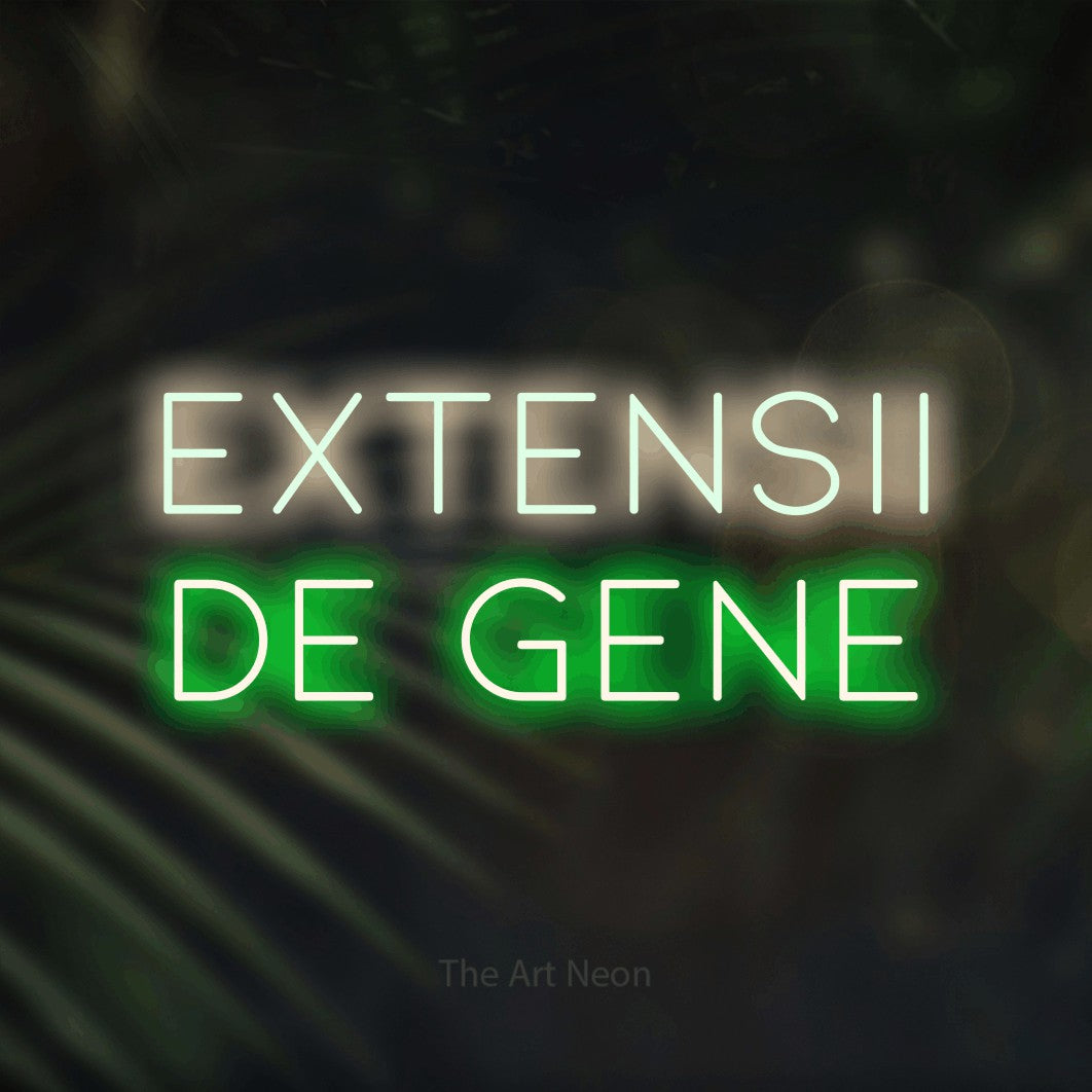 LED neon sign reading “EXTENSII DE GENE”, arranged in two lines.