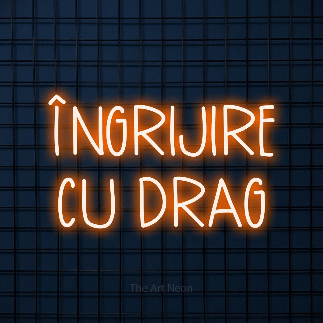 LED neon sign reading “ÎNGRIJIRE CU DRAG”, arranged in two lines.