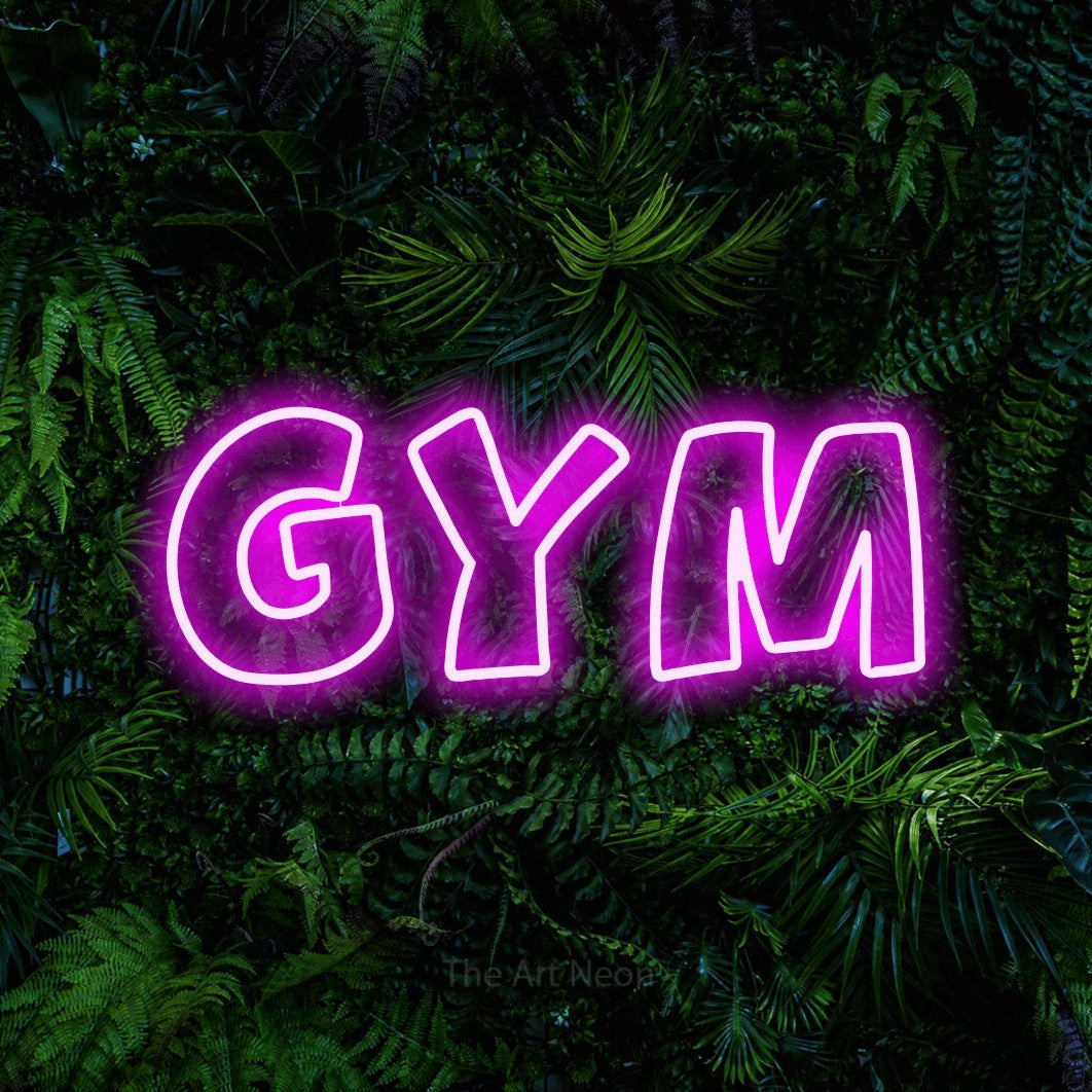 LED neon sign reading “gym”, arranged in a single line.