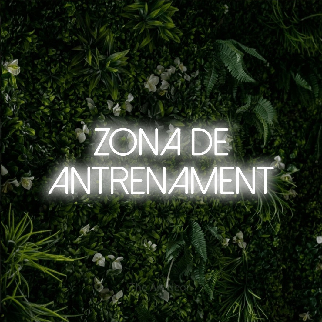 LED neon sign reading “Zona de antrenament”, arranged in two lines.