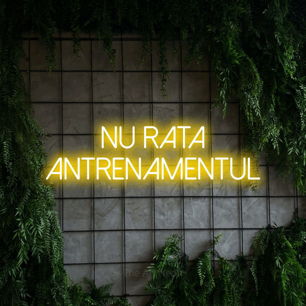 LED neon sign reading “nu rata antrenamentul”, arranged in two lines.