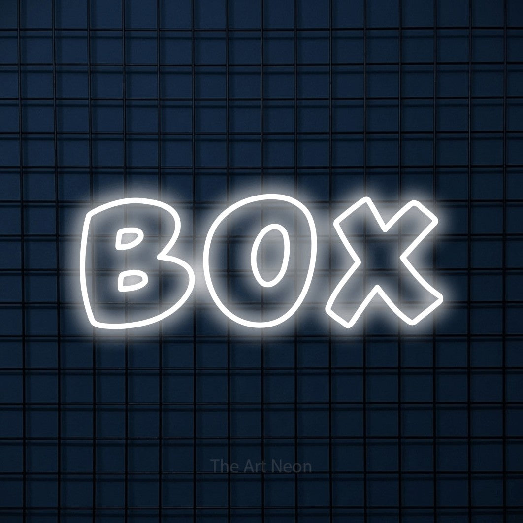 LED neon sign reading “box”, arranged in a single line.