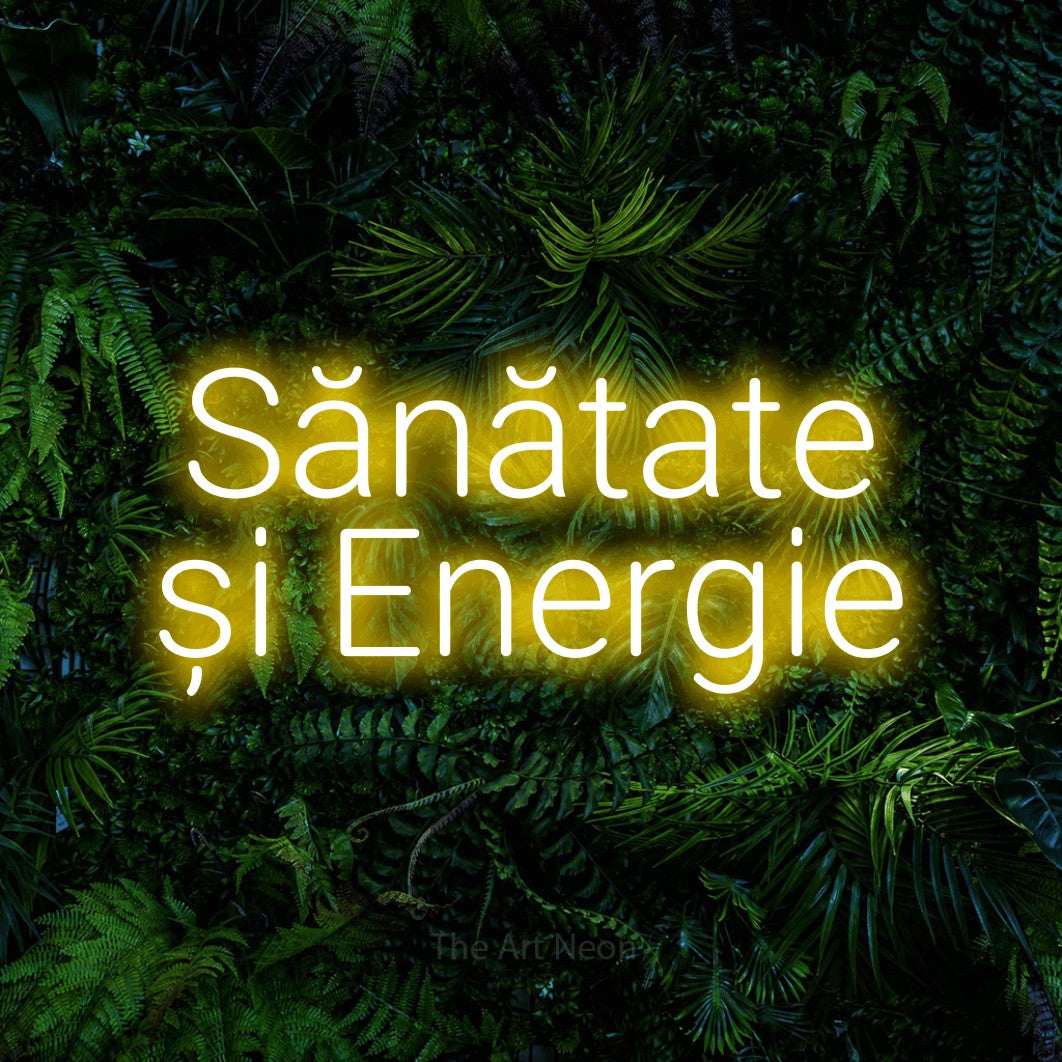 LED neon sign reading “Sănătate și Energie”, arranged in two lines.