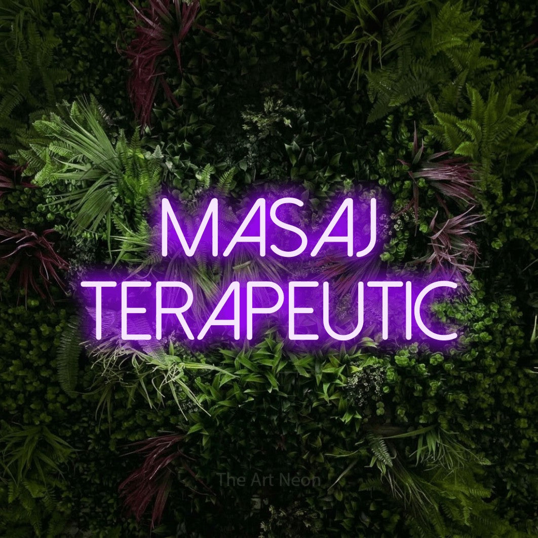 LED neon sign reading “Masaj TERAPEUTIC”, arranged in two lines.