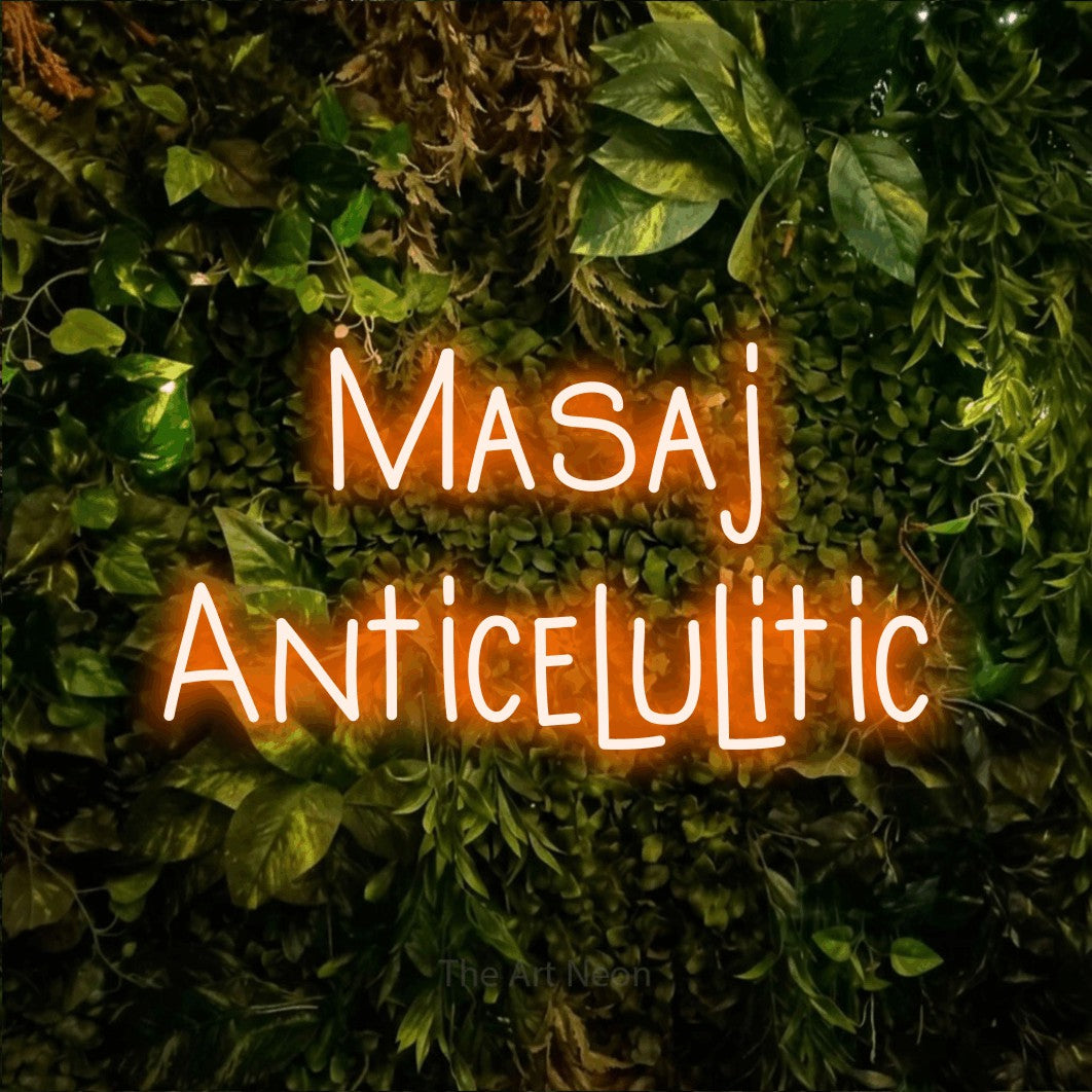 LED neon sign reading “Masaj Anticelulitic”, arranged in two lines.