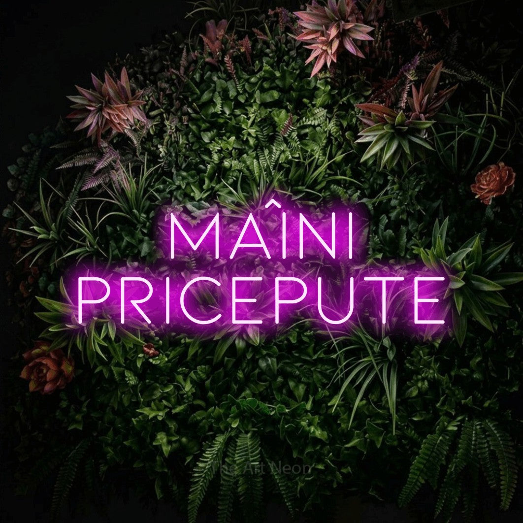 LED neon sign reading “Mâini Pricepute”, arranged in two lines.